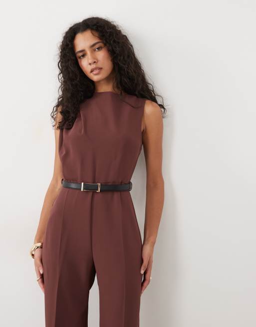 Mango mouwloze jumpsuit met riem in bruin, 2 van 4