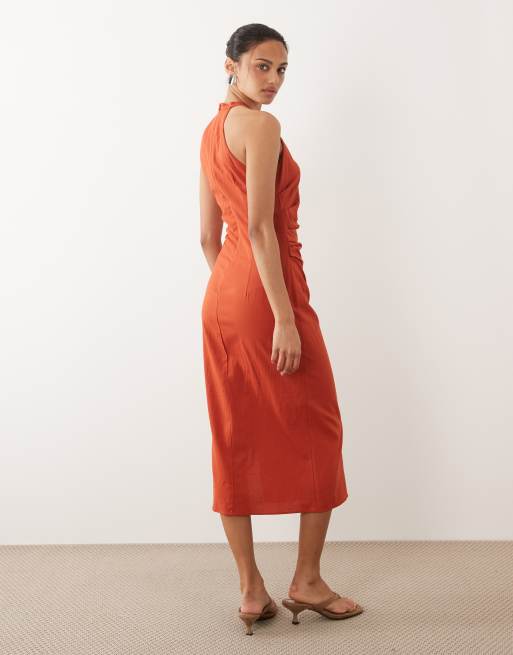 Mango - Mouwloze jurk met halternek en gedrapeerd detail in oranje, 4 van 4