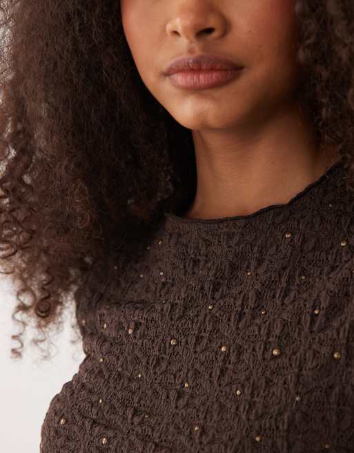 Mango - Mouwloze kanten top met studs in bruin, 3 van 4