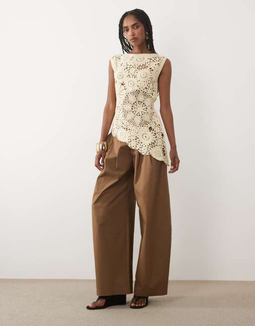 Mango - Mouwloze katoenrijke asymmetrische gehaakte top in beige, 2 van 4