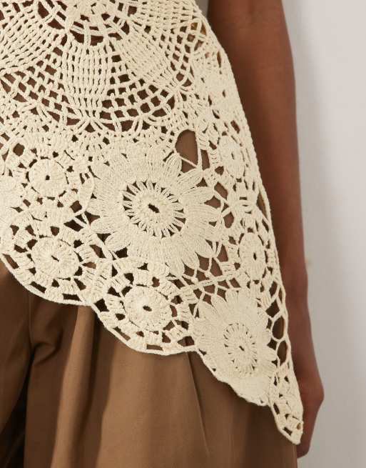Mango - Mouwloze katoenrijke asymmetrische gehaakte top in beige, 3 van 4