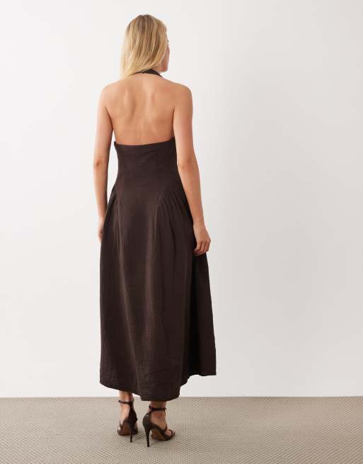 Mango - Mouwloze maxi jurk met vierkante hals, halternek en ingenomen taille in bruin, 3 van 4
