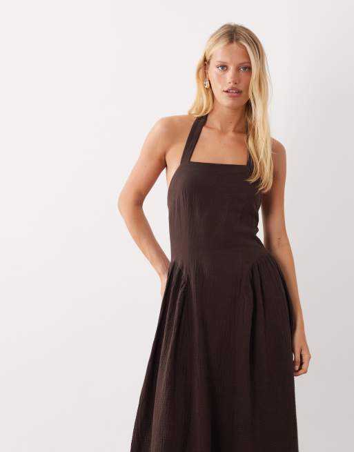 Mango - Mouwloze maxi jurk met vierkante hals, halternek en ingenomen taille in bruin, 4 van 4