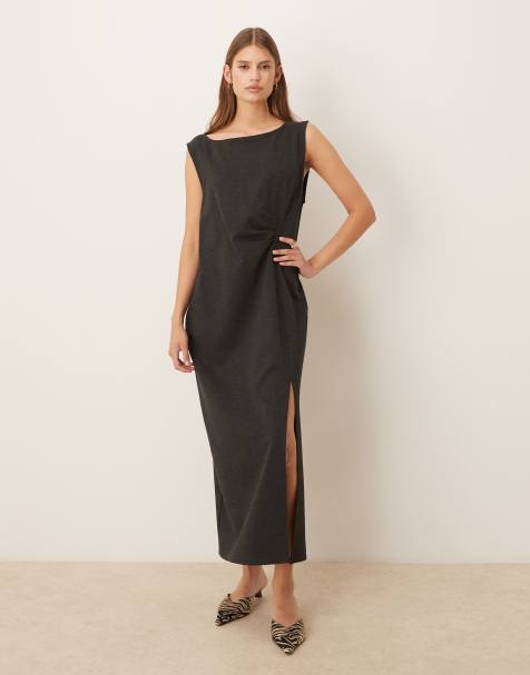 Mango - Mouwloze midi-jurk met boothals en split in antracietgrijs - view 1