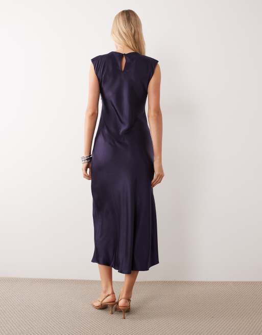 Mango mouwloze satijnen midi-jurk in navy, 4 van 4