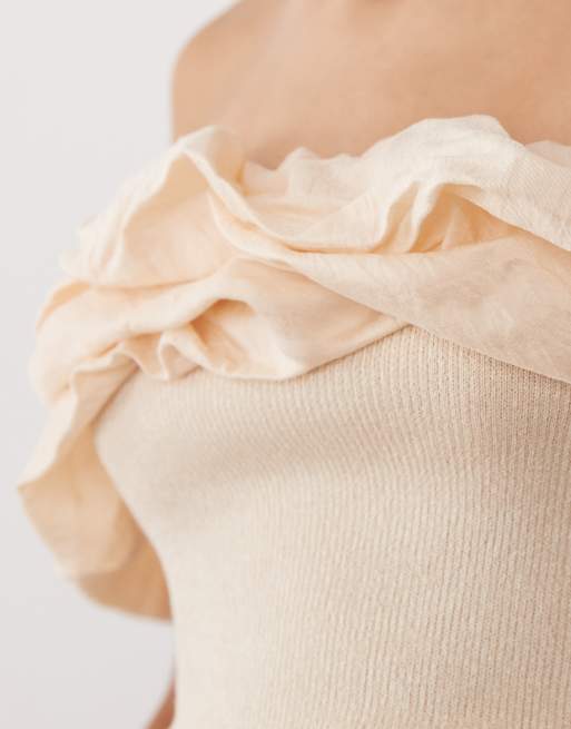 Mango - Mouwloze top met blote schouders en opvallende ruches in beige, 3 van 4
