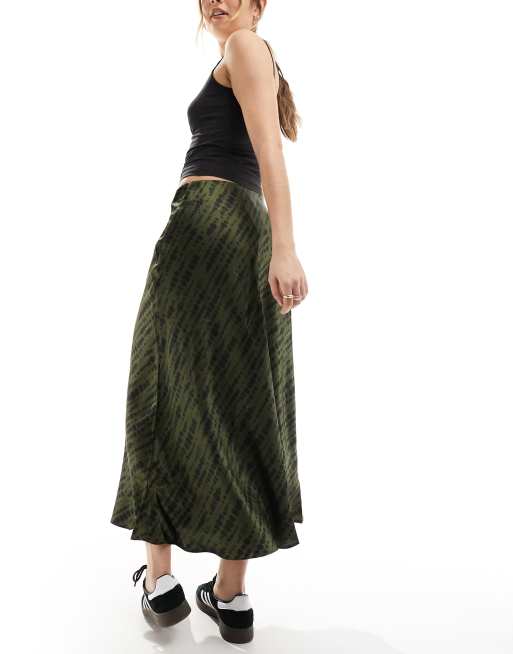 Mango - Mørkegrøn midinederdel med print i satin, 5 af 5