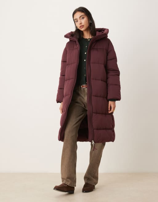 Mango - Mørkerød longline-dynejakke med hætte, 2 af 4