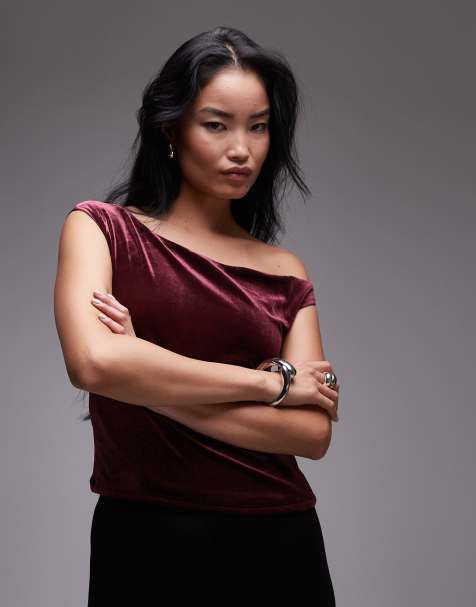 Mango - Mørkerød offshoulder-overdel i velour - view 1