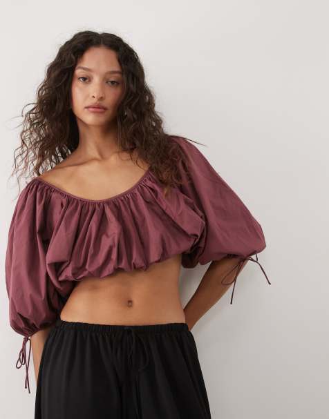 Mango - Mørkrosa cropped top med ballonærmer i bomuldsblanding - view 1