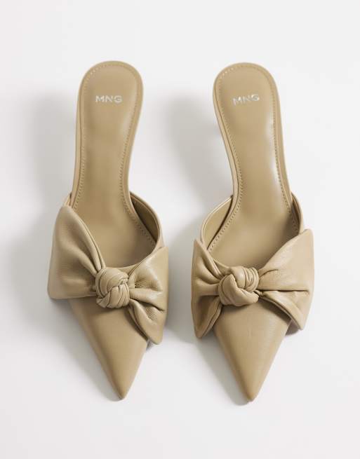 Mango - Mules à talon 100 % cuir véritable avec nœud oversize - Beige, 2 de 4