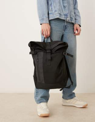 Mango Multi Compartment Roll Top Bag With Front Zip In Black