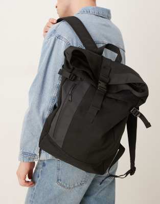 Mango Mango multi compartment roll top bag with front zip on black