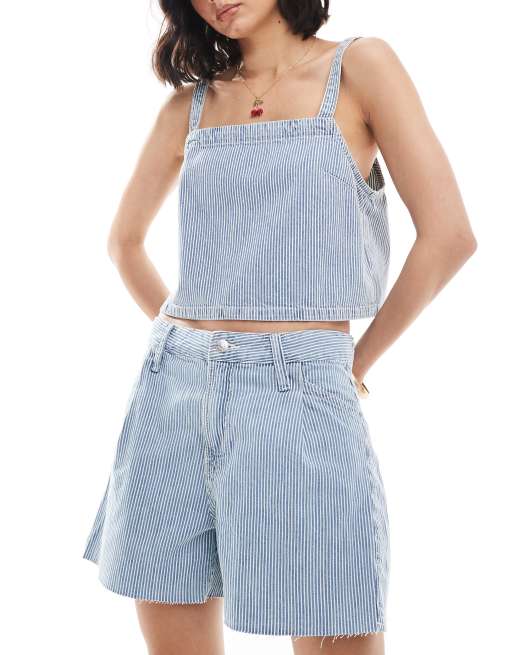 Mango - Nålestribede denimshorts i lyseblå - Del af sæt