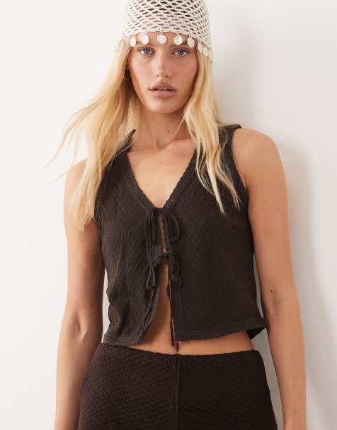 Mango Nati cotton mix knit tie front sleeveless top in dark brown - part of a set - view 1