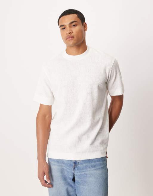 Mango – Naturfärgad, strukturerad t-shirt i bomullsmix