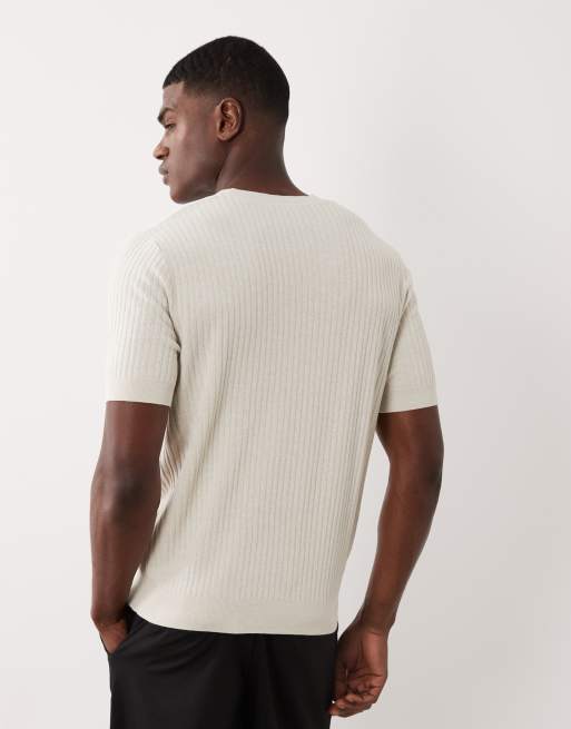 Mango – Naturvit, finstickad t-shirt i ribbad modalmix, 3 av 5