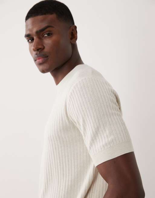 Mango – Naturvit, finstickad t-shirt i ribbad modalmix, 4 av 5