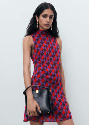 Mango neck detail mini shift dress in abstract print-Red