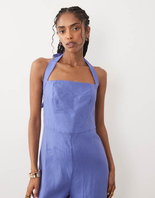 Mango – Neckholder-Jumpsuit aus 100% Leinen in Blau, 3 von 4