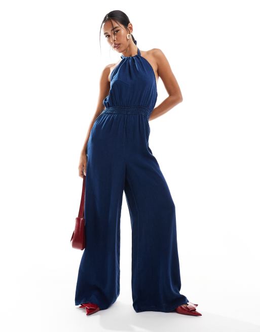 Mango Neckholder Jumpsuit in dunkelblauer Jeansoptik ASOS