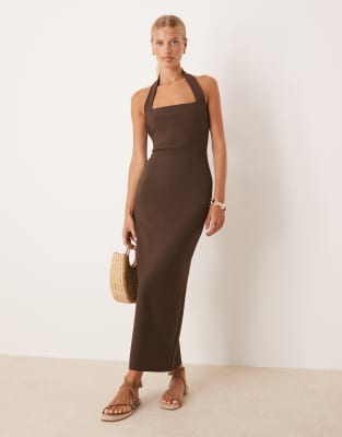 Mango - Neckholder-Maxikleid aus Kompaktstrick in Schokobraun