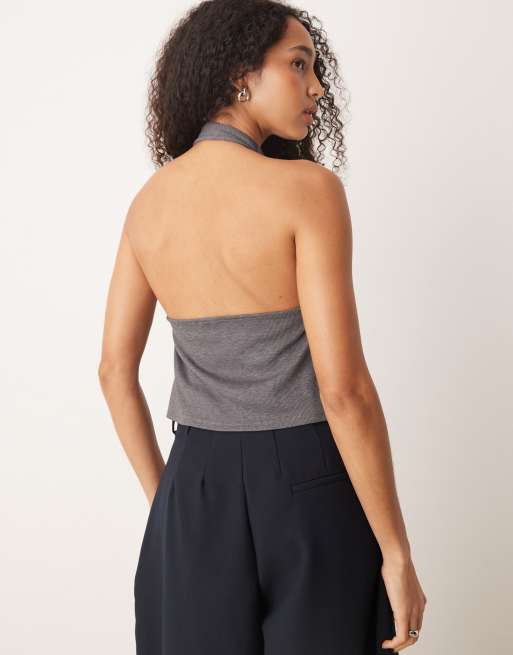 Mango – Neckholder-Oberteil in Grau mit Hotfix-Verzierung und Drapierung, 4 von 4