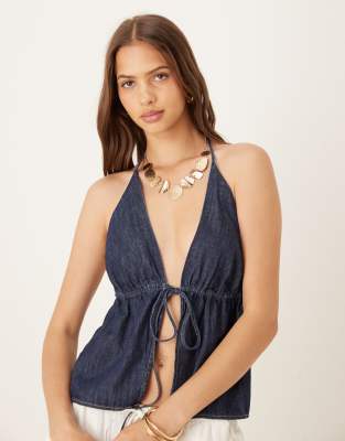 Mango - Neckholder-Top in Blau mit Rückenausschnitt