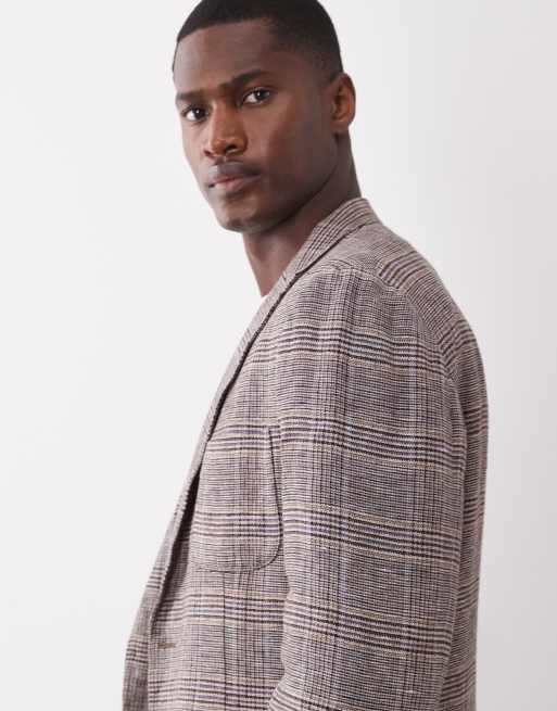 Mango Nella 100% linen checked blazer in brown, 4 of 5