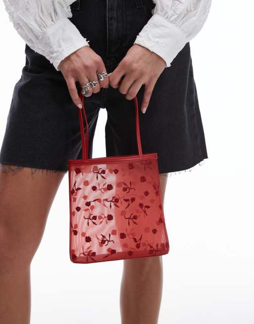 Mango – Netzstoff-Tasche in Rot mit Blumendetail