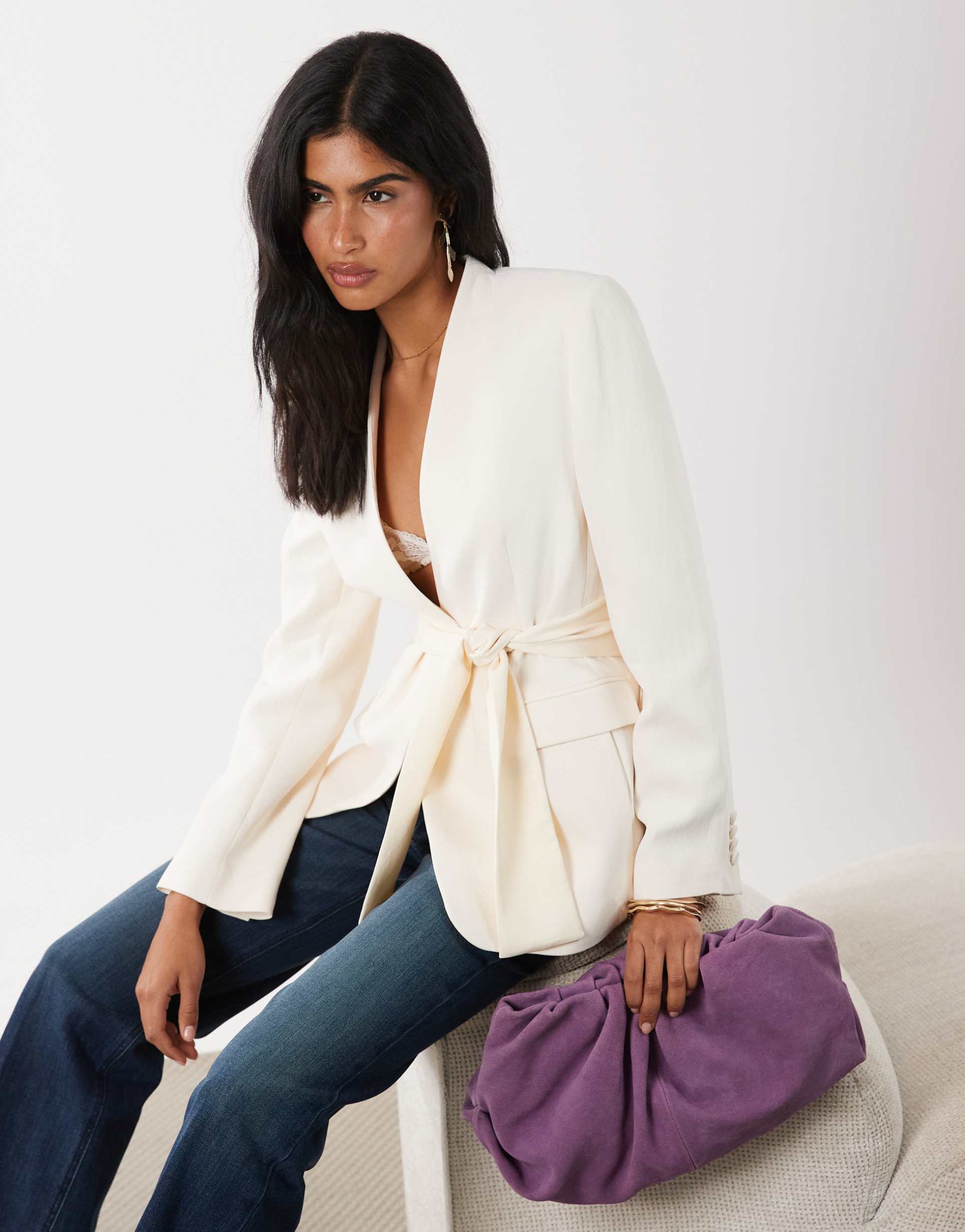 mango new york tailored blazer with tassle scarf in cream - part of a set