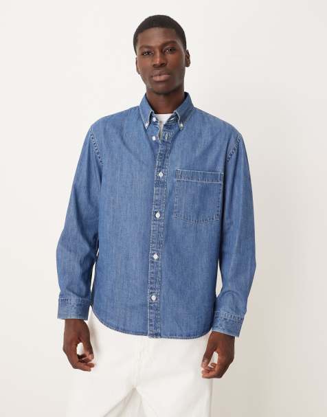 Mango 100% cotton denim shirt in mid blue