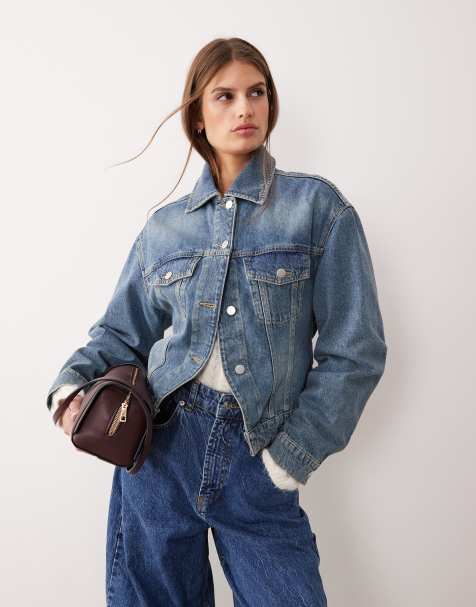 Mango cotton cocoon sleeve cinched waist denim jacket in medium blue