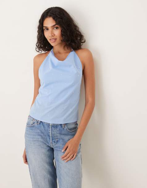 Mango halterneck top with cowl neck with hotfix detail in blue