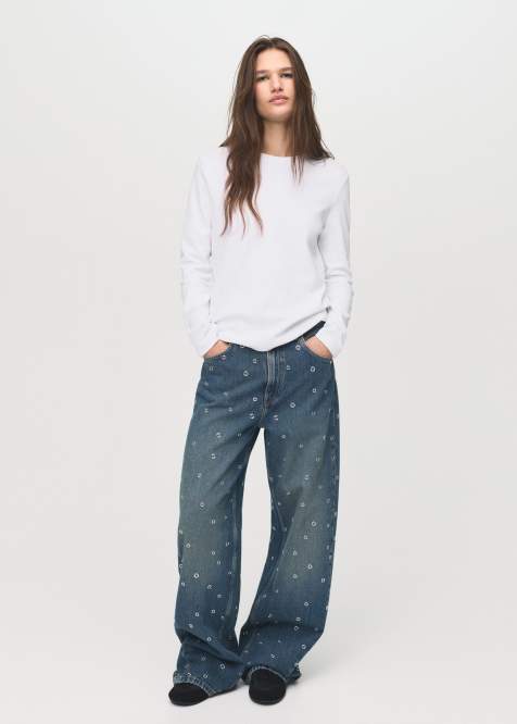 Mango barrel jean with eyelet detail in mid blue