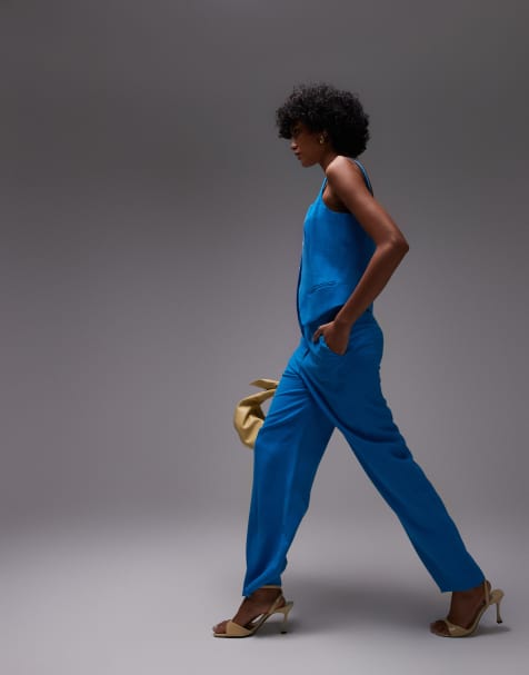 Mango linen mix straight leg trouser co-ord in blue