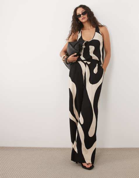 Mango Nikita crinkle straight pants in black and cream swirl print - part of a set - view 1