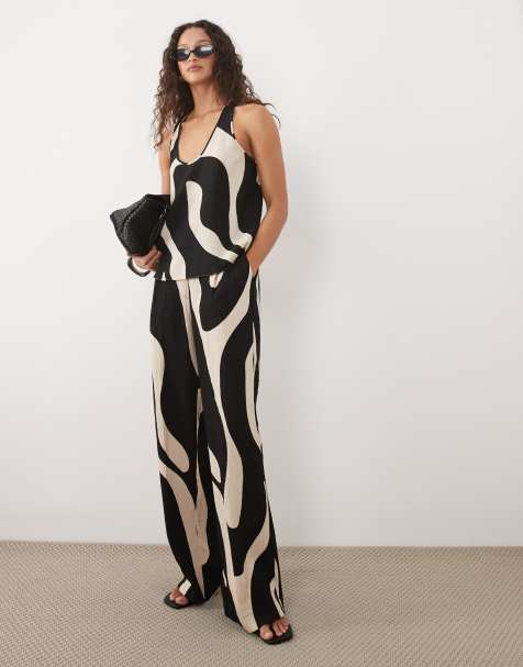 Mango Nikita crinkle v-neck top & pants set in black and cream swirl print - view 1