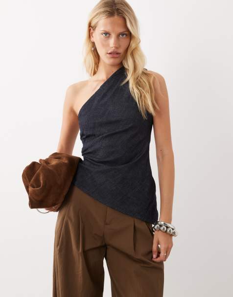 Mango Noah denim one shoulder asymmetric sleeveless top in indigo - view 1
