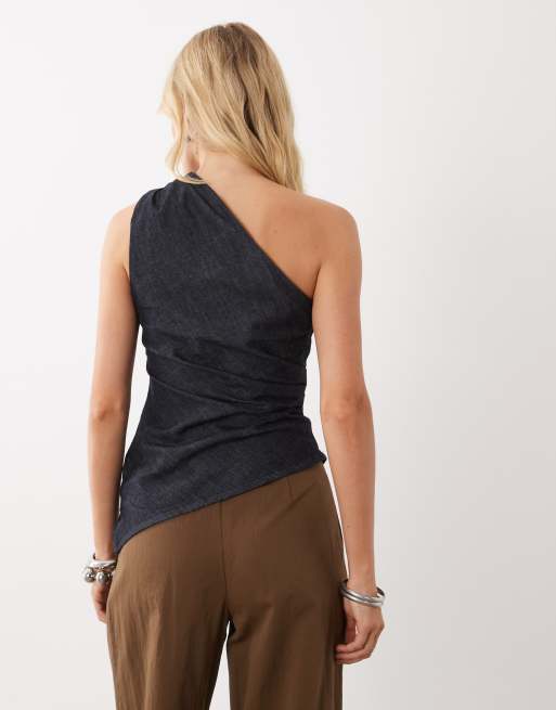 Mango Noah Denim-One-Shoulder-Top mit asymmetrischem Schnitt und ohne Ärmel in Indigo, 2 von 4