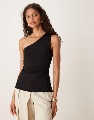 Mango - Oberteil in Schwarz mit One-Shoulder-Träger und gerafftem Detail an der Seite