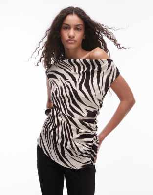 Mango - Oberteil in Weiß mit One-Shoulder-Träger und Zebramuster-Mix