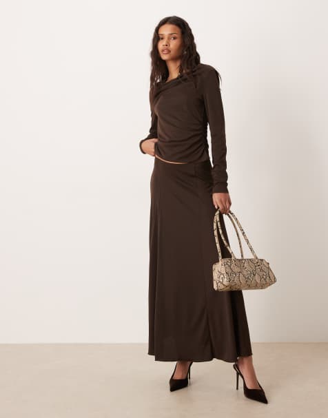 Mango Odette jersey pleated midi skirt co-ord in brown 