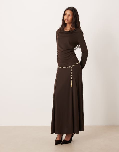 Mango - Odette - Co-ord set van jersey met top met lange mouwen en gedrapeerde hals en rok in bruin - view 1