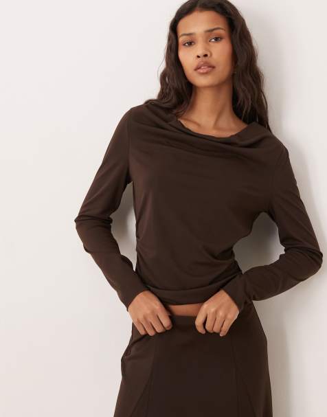 Mango Odette jersey long sleeve drape neck top co-ord in brown - view 1