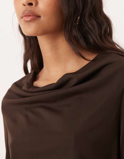Mango – Odette – Langärmliges Jersey-Oberteil in Braun mit drapiertem Ausschnitt, Kombiteil, 2 von 4