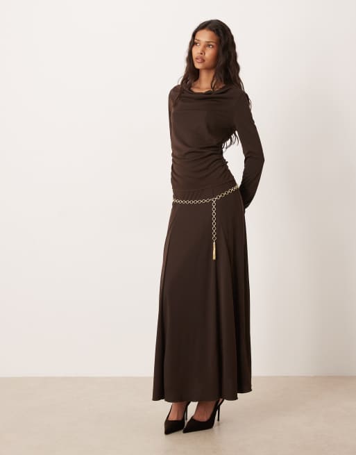 Mango – Odette – Langärmliges Jersey-Oberteil in Braun mit drapiertem Ausschnitt, Kombiteil, 3 von 4