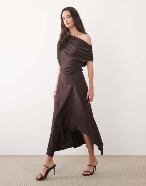 Mango off shoulder asymmetric hem maxi dress in chocolate