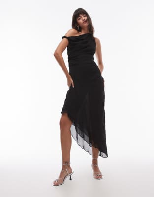 off shoulder aysmmetric sheer layer maxi dress in black