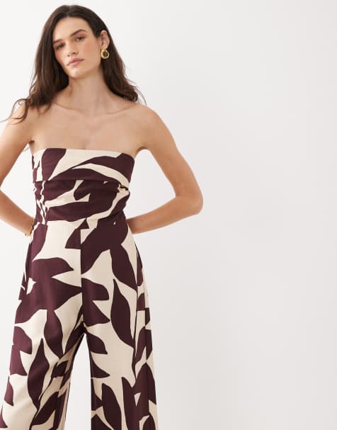 Mango off shoulder jumpsuit in brown and cream leaf print - view 1